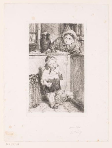 Child with a basket at a counter with a woman behind it
