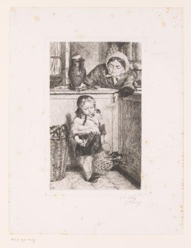 Child with a basket at a counter with a woman behind it