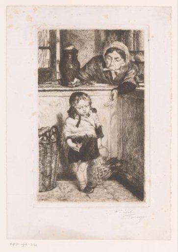 Child with a basket at a counter with a woman behind it