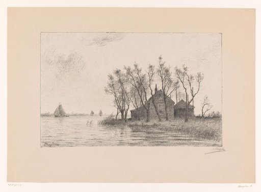 Farmhouse and haystack among the willows on a river