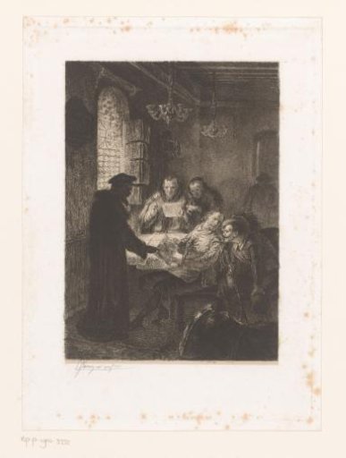 Group in Renaissance dress studying letters around a table