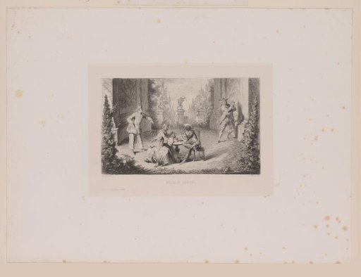 Harlequin and a woman at a table in a monumental garden