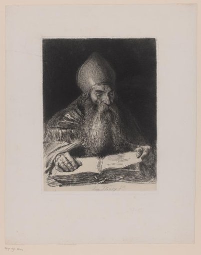 Bearded man with a mitre reading a book