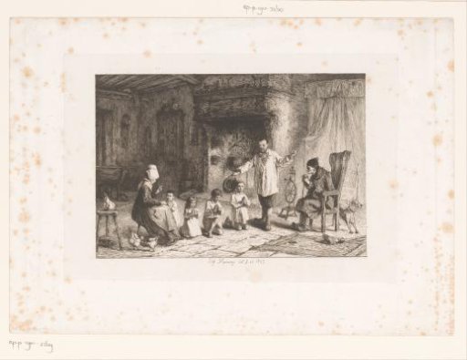 Four praying children with their parents and on the right a seated grandparent