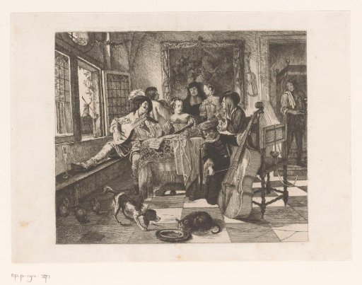 Parlor concert with three musicians and a singer