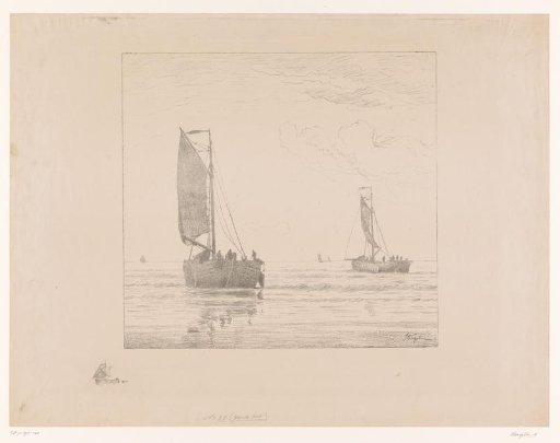Sailing ships on the North Sea with the setting sun