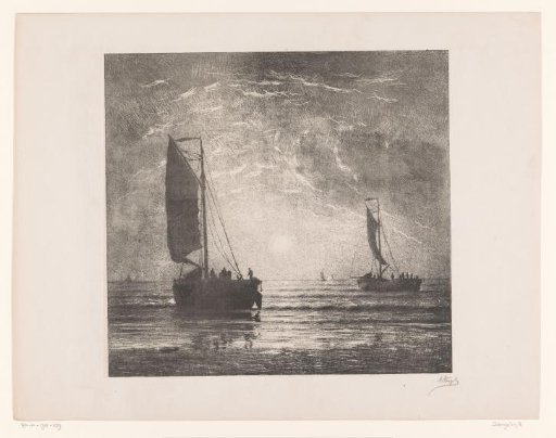 Sailing ships on the North Sea with a setting sun