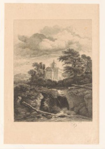Landscape with a waterfall and in the background a castle