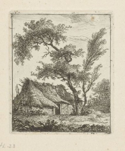 Farmhouse with a thatched roof and two trees