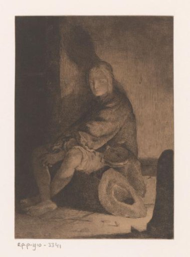 Youth with violin on lap and bow broken on the ground