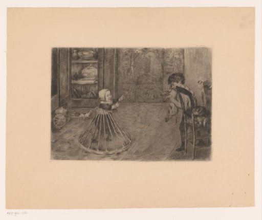 Child in a walker walking towards a boy holding a dog