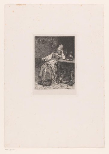Old sleeping woman in a chair at a table