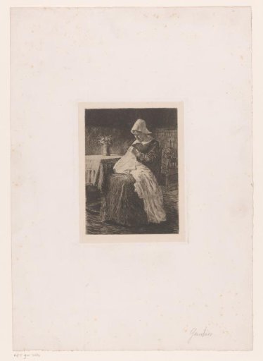 Seamstress at a table with a flower vase