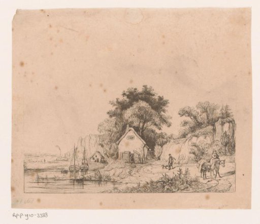 Coastal landscape with a few houses and two boats in the water