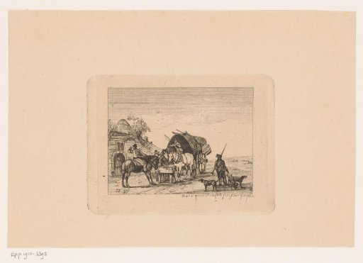 Horses at a trough with wagon, riders and hunter with dogs