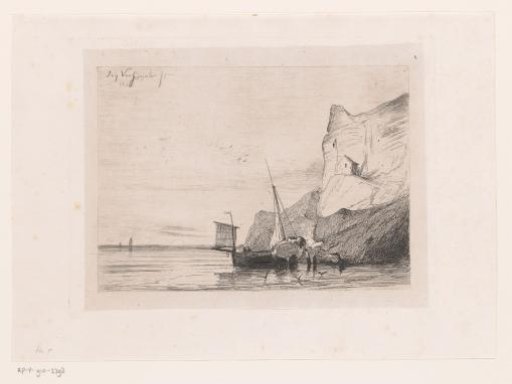 Coastal landscape with high rocks and ships in the water