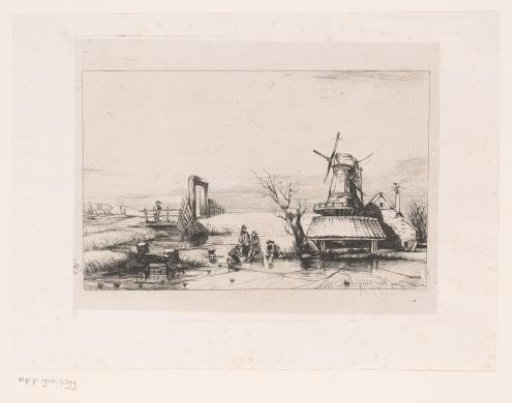 Landscape with skaters on the ice around a mill