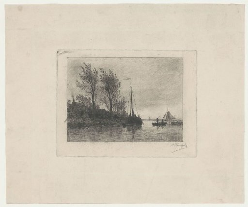 River with a barge and rowboats
