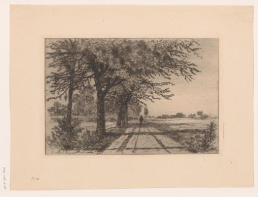 Landscape with trees along a path with a walking figure