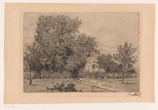 View of a house with large trees and a garden