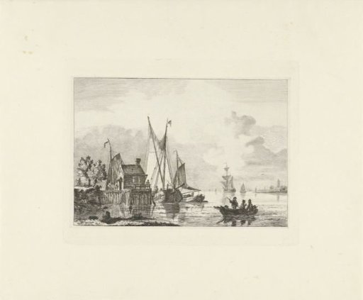 River landscape with moored sailing ships