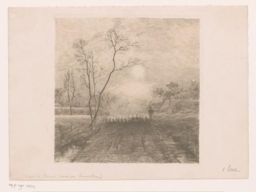 Flock of Sheep and Their Shepherd under Moonlight