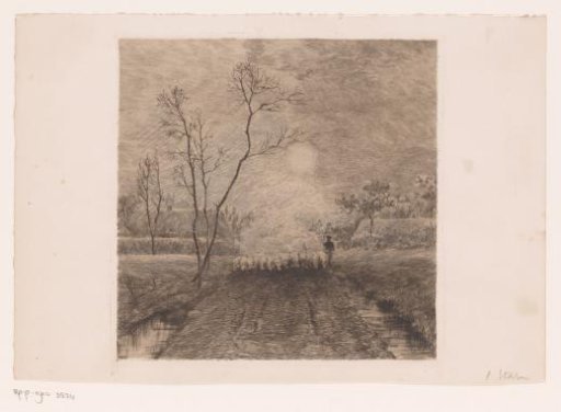 Flock of Sheep and Their Shepherd under Moonlight