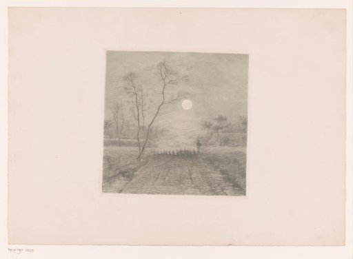 Flock of Sheep and Their Shepherd under Moonlight