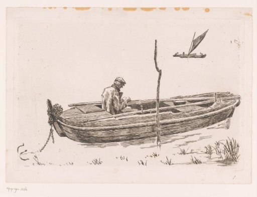Rowing Boat Anchored in Open Water and a Sailing Boat in the Background