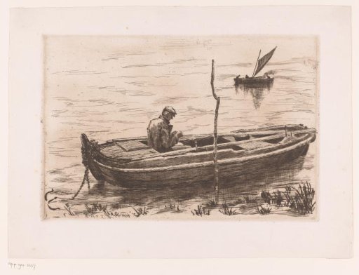 Rowing Boat Anchored in Open Water and a Sailing Boat in the Background