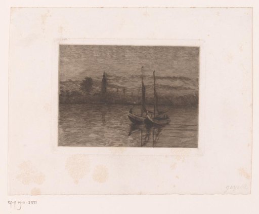 Two Sailing Boats on a Lake with a Tower in the Background