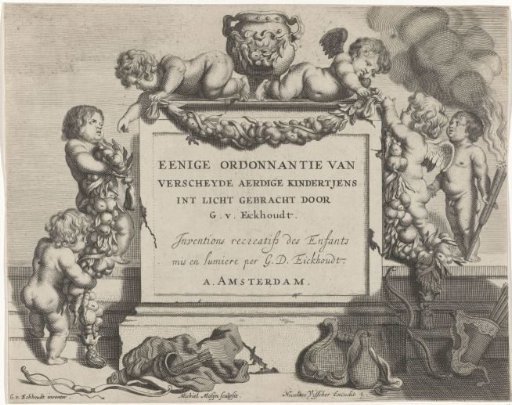 Putti decorating a monument with garlands