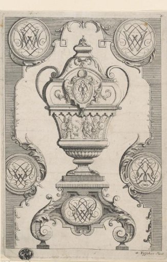 Panel with a garden vase featuring a few warriors, a monogram on the foot, monograms in the upper corners, and a border