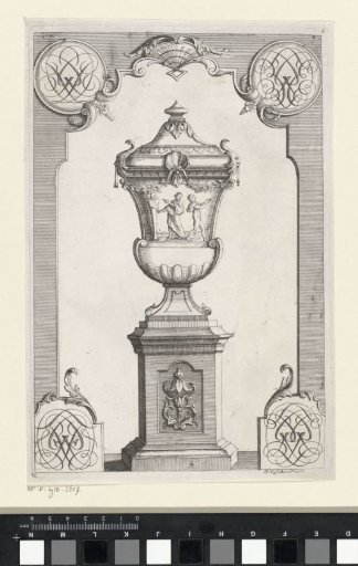 Panel with a garden vase and monograms in the corners