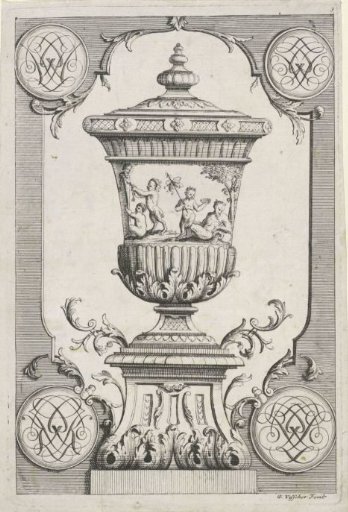 Panel with a garden vase featuring satyrs and monograms in the corners