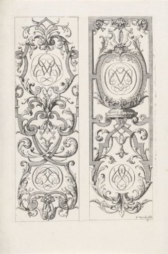 Two vertical ornaments of leafy vines with monograms