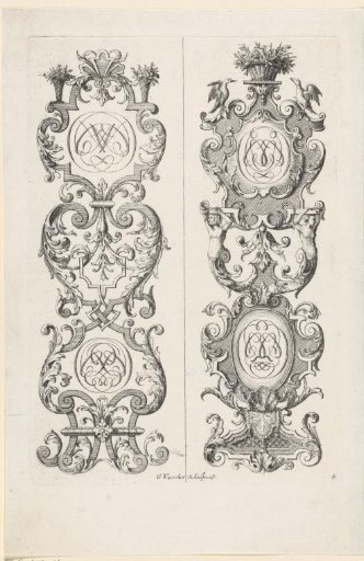 Two vertical ornaments of leafy vines with monograms