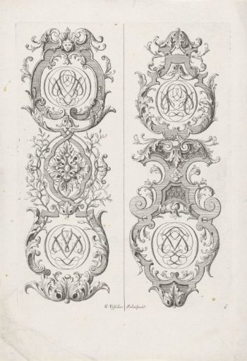 Two vertical ornaments of leafy vines with monograms