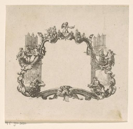 Cartouche with figures playing music and composing