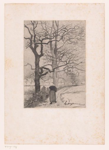 Winter landscape with an old woman on a path to a village