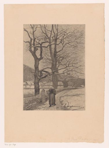 Winter landscape with an old woman on a path to a village