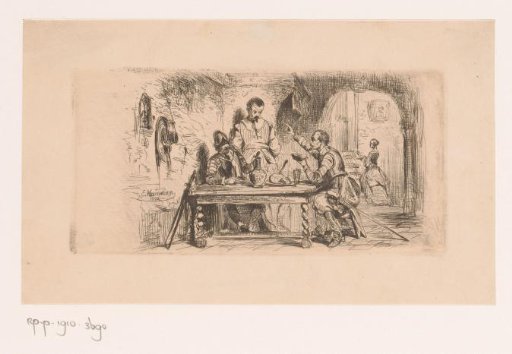 Three soldiers at a table in a courtyard, one of them reading from a book