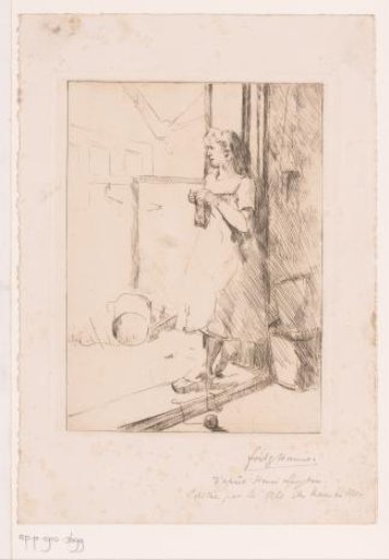 Young Woman Standing in the Doorway Knitting
