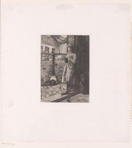 Young Woman Standing in the Doorway Knitting