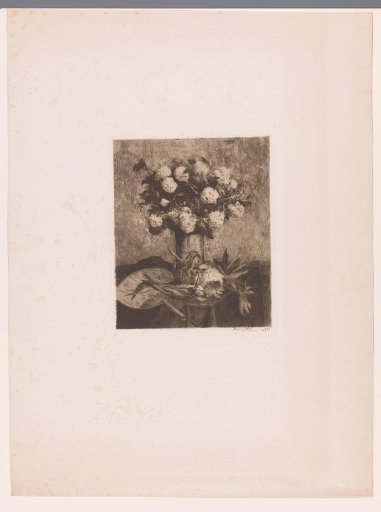 Vase with flowers and a fan