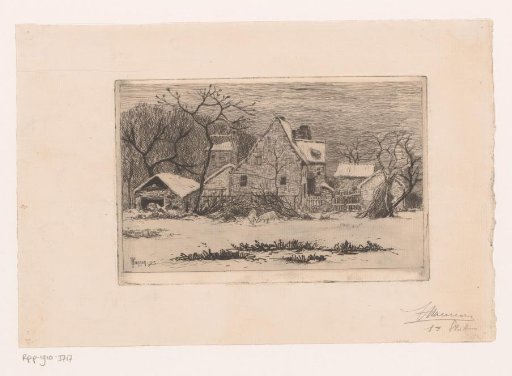 Winter View with Farmhouse and Two Pigs
