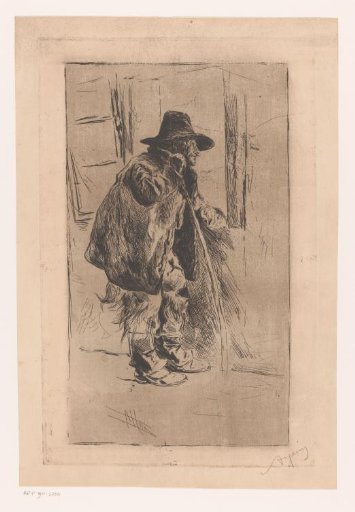 Old man with walking stick and bag over his shoulder