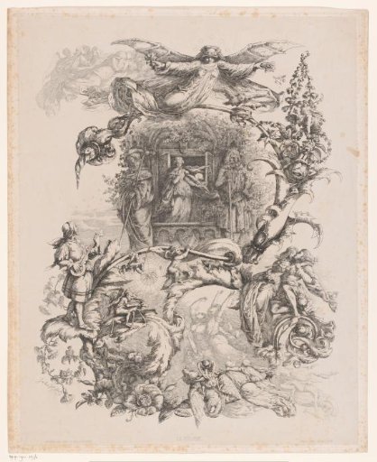 Female figure before a building carried on a plant