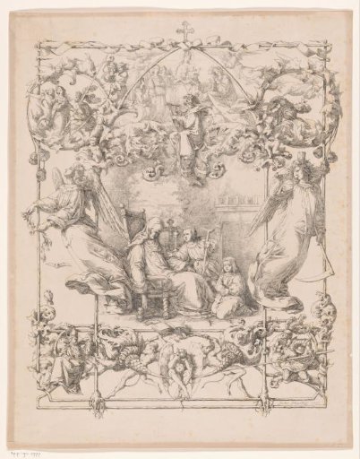 Old woman in a chair with a praying child before her