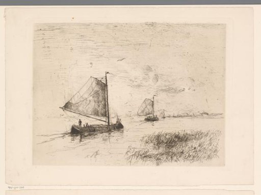 Two sailing ships on the water with the coastline in the background